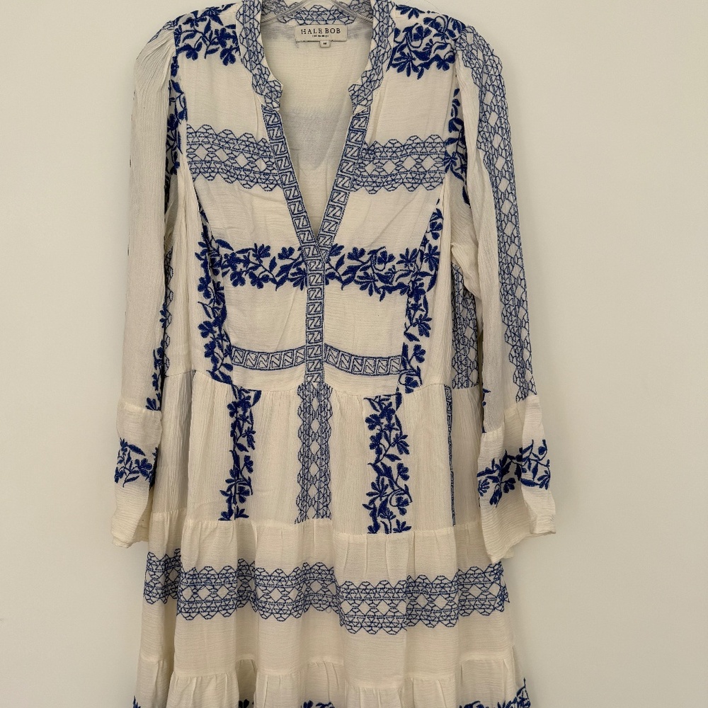 Hale Bob White Dress W/ Blue Embroidery - Size M